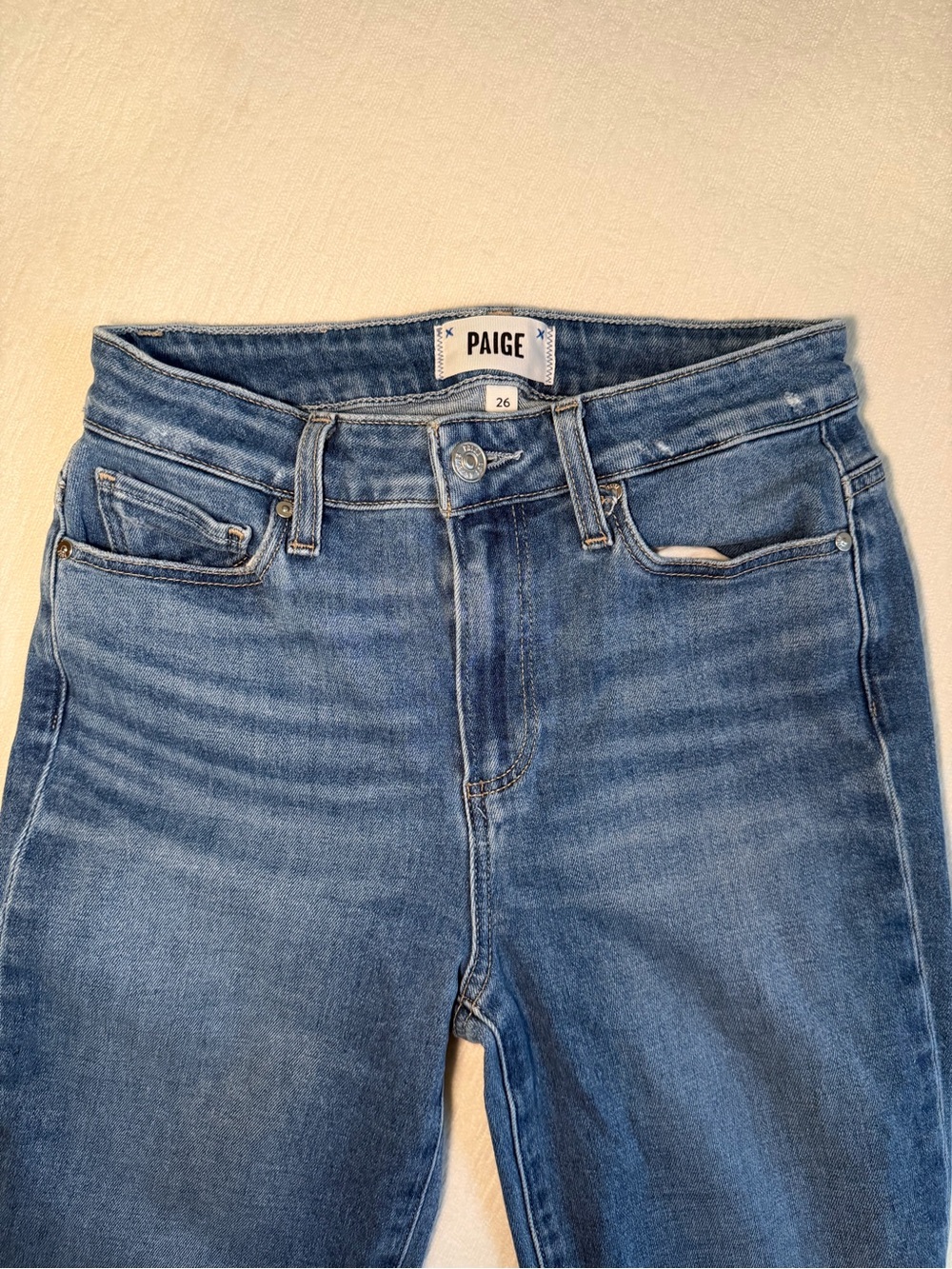 PAIGE Medium Blue Flare Jeans with Raw Hem Laurel Canyon - Picture 3 of 7